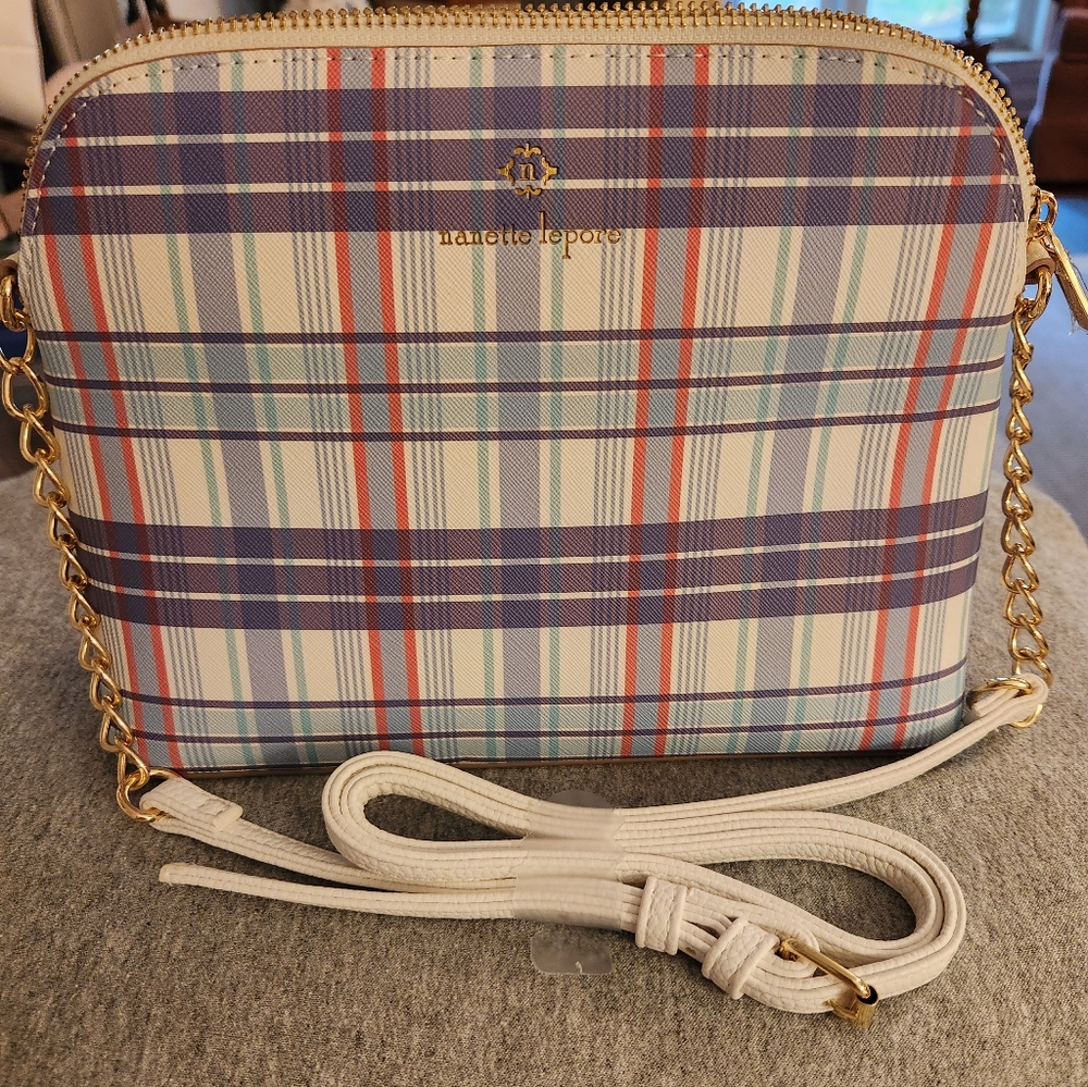 Nanette Lepore Violet Plaid Crossbody With Faux Leather/Chain Strap NWOT